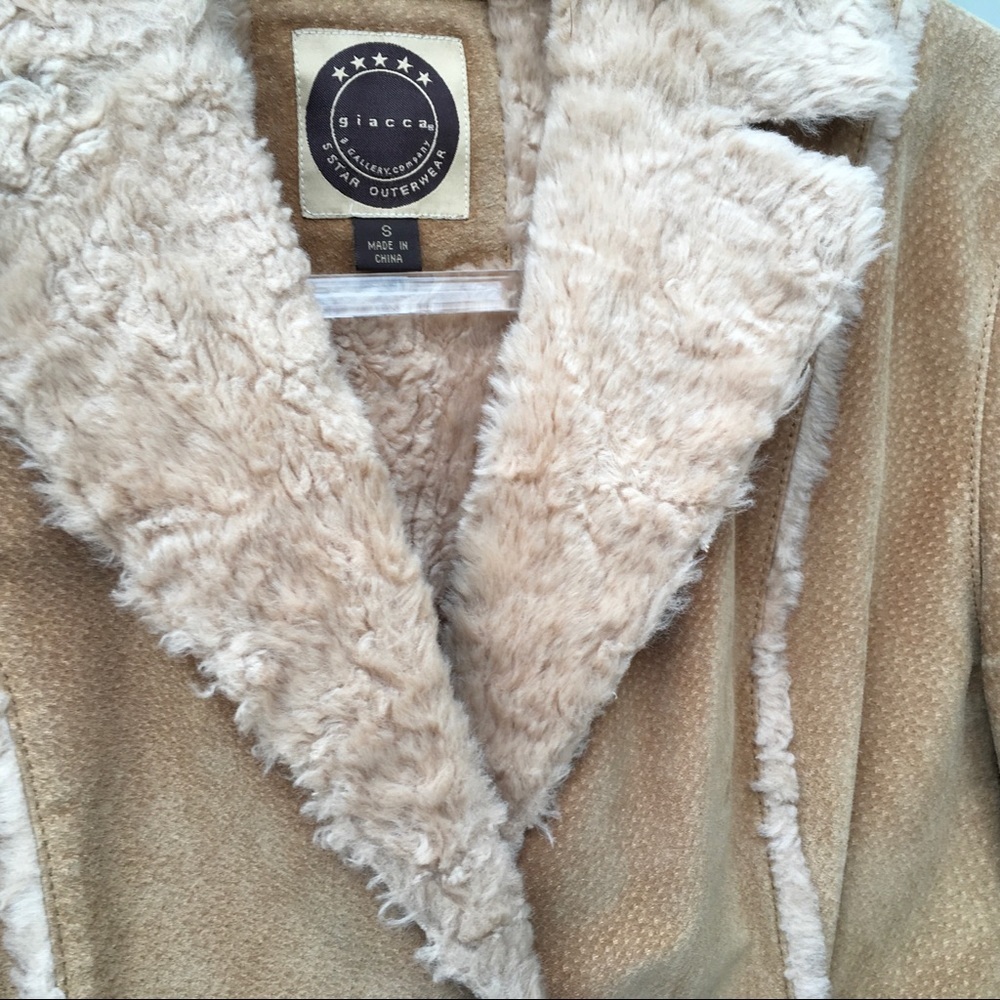 giacca Vintage Tan Penny Lane Daisy Leather Suede Coat With Faux Fur Trim Small - Picture 4 of 7